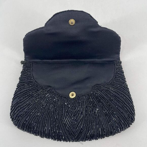 Vintage Beaded Snap Flap Corded Strap Clutch Shoulder Bag Black Small Flapper - Picture 3 of 14